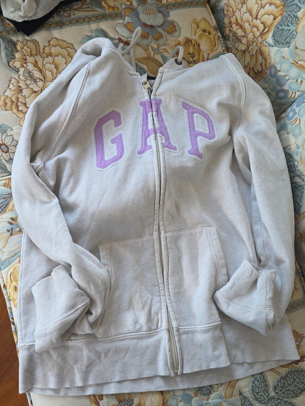 GAP Light Gray Zip-Up Hoodie with Lavender Lettering